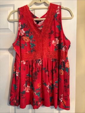 torrid Red Floral Lace-Trim Sleeveless Top